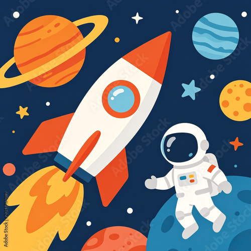 An astronaut in space watching a rocket ship blast off into the cosmos
