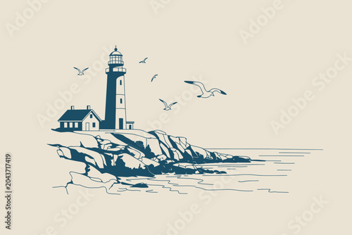 Minimalist lighthouse illustration on rocky coastline outline sketch vector illustration