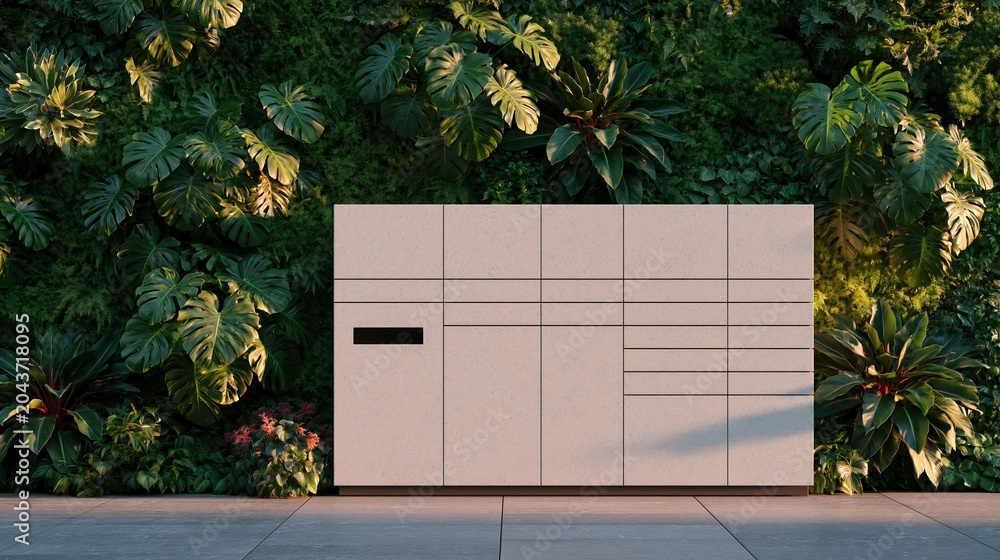 Obraz premium Modern smart parcel locker station integrated into a lush green wall of tropical plants, featuring sleek design and multiple compartments for secure package delivery