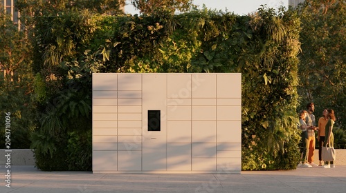 Modern smart parcel locker station integrated with greenery, showcasing a sleek design amidst lush plants in an urban outdoor setting