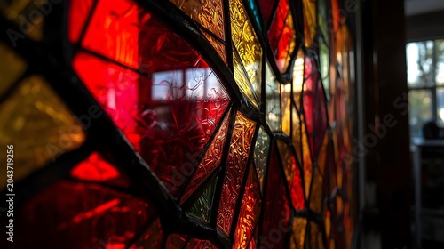 Abstract red and gold light rays through stained glass window creating dramatic glow