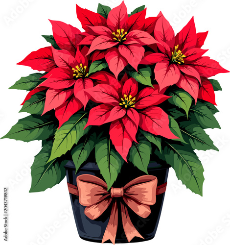 Lush Red Poinsettia Plant in Decorative Pot with Satin Ribbon, Festive Christmas Botanical Illustration