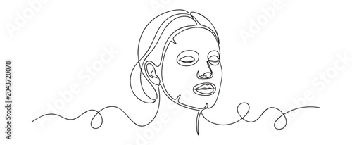 Continuous line art vector of a woman with a sheet mask for skincare and self care concept, minimal hand drawn aesthetic illustration on white background
