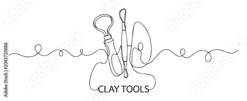 Continuous line art illustration of clay sculpture tools, minimalist vector design concept for creative pottery studio branding and handmade ceramic craft workshops
