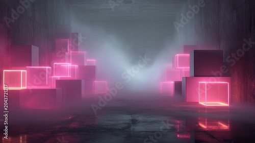 Abstract dark room scene featuring glowing pink neon cubes surrounded by fog, creating a futuristic atmospheric lighting environment.