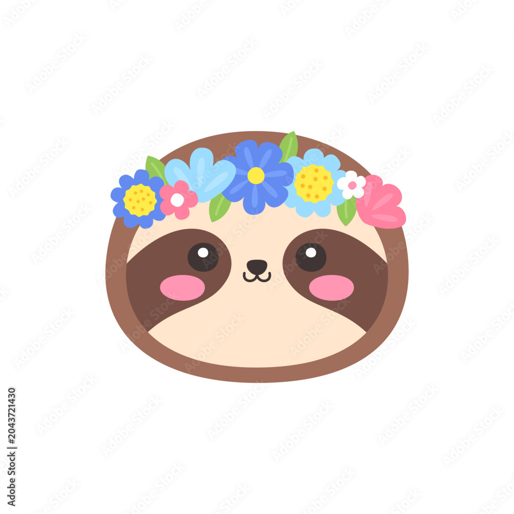 Fototapeta premium Cute Kawaii Sloth Face with Flower Crown Flat Vector Illustration