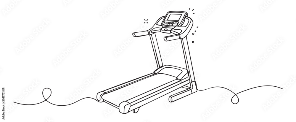 Obraz premium Continuous line art vector illustration of an incline treadmill view, showcasing a modern minimalist gym equipment design concept for fitness and healthy lifestyle