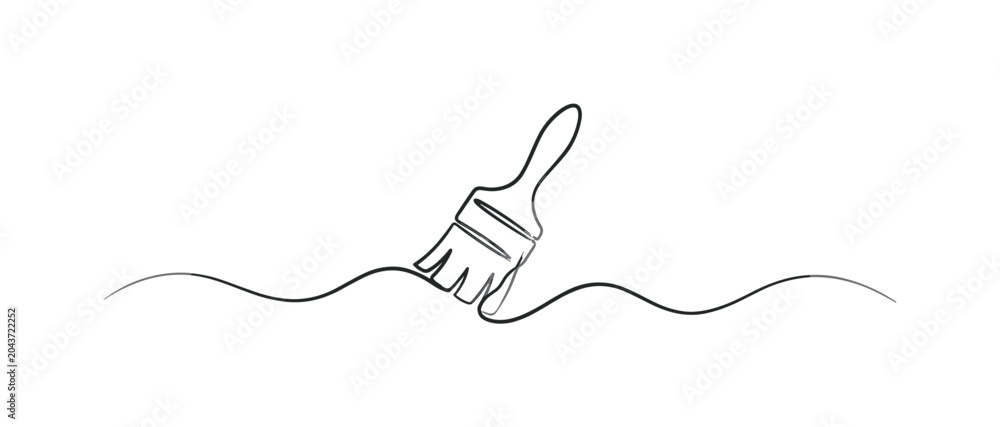 Obraz premium Continuous line paintbrush illustration with short handle, bristles and flowing creative baseline, paintbrush, brush, bristles,