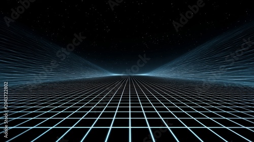 Abstract perspective grid lines illuminated on a dark background, creating a futuristic digital and tech-inspired backdrop.