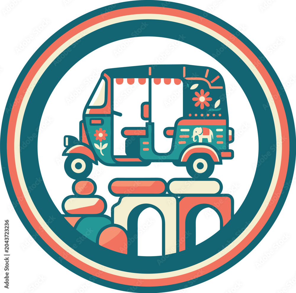 Fototapeta premium Retro Pixel Art Auto Rickshaw Illustration In Circular Frame With Floral And Elephant Motifs In Teal Red