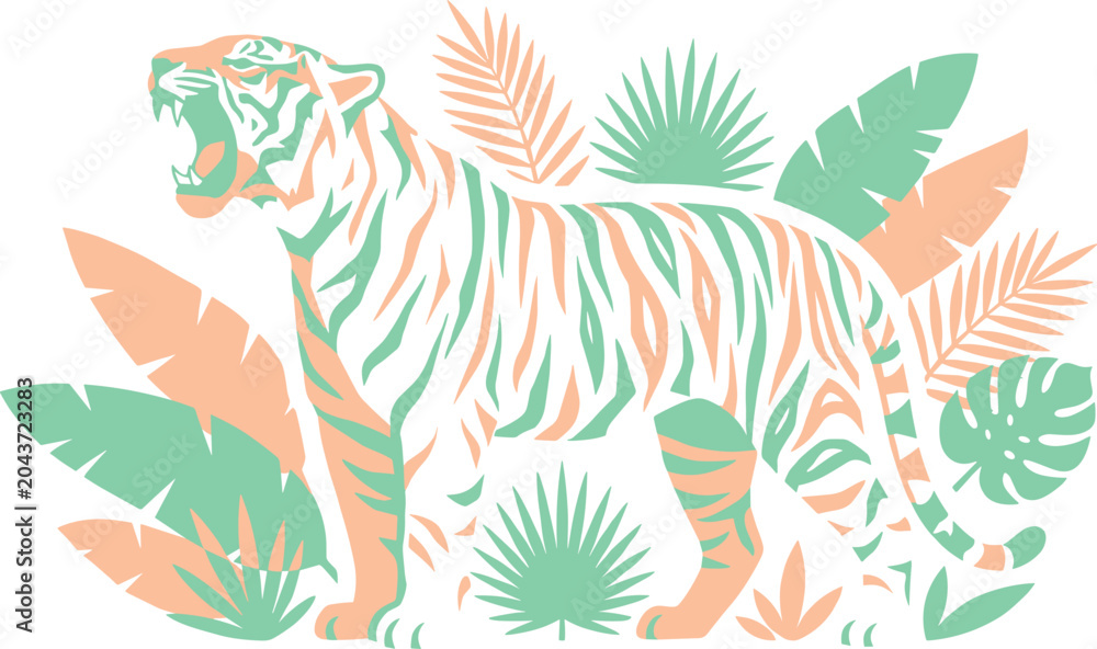 Obraz premium Stylized Roaring Tiger Illustration In Pastel Green And Peach Tones With Tropical Leaf Background