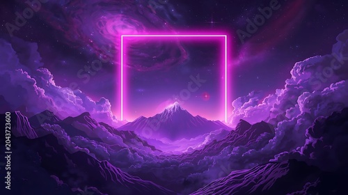 Glowing Neon Portal Emerging Over Stormy Mountain Landscape with Lightning and Purple Sky