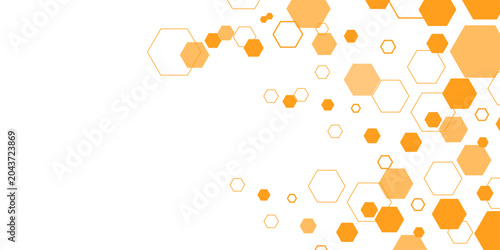 Fotografía Abstract Geometric Orange Hexagon Pattern Background with Honeycomb Digital Network Design for Science, Technology, Medical, and Corporate Presentation Template with Copy Space