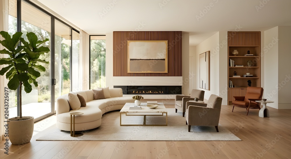 Fototapeta premium Modern luxury living room interior with minimalist furniture, contemporary fireplace, natural light, elegant home decor and sophisticated residential design