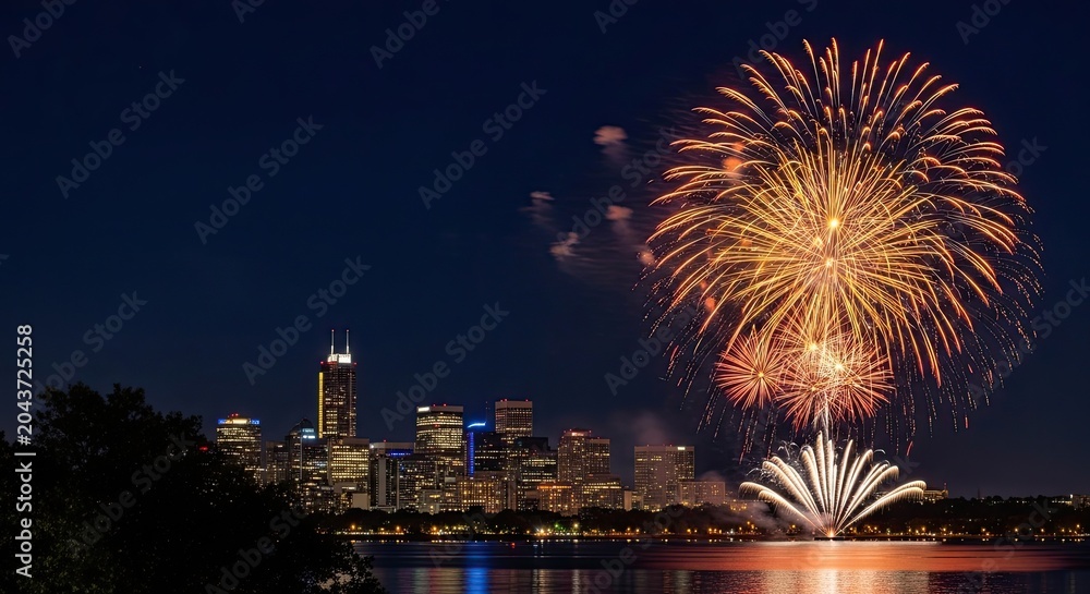 Obraz premium Canada day fireworks display with city skyline background with text copy space