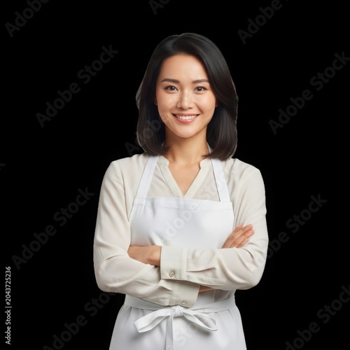 Smiling Asian Woman Chef, Professional Baker in White Apron, Confident Culinary Expert, Isolated on Black Background