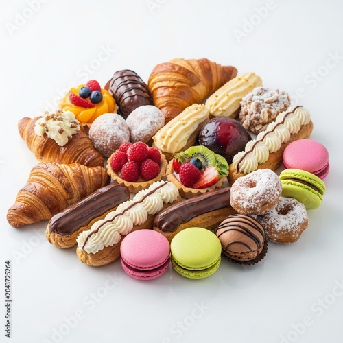 Assorted French pastries, eclairs, macarons and fruit tarts on white.