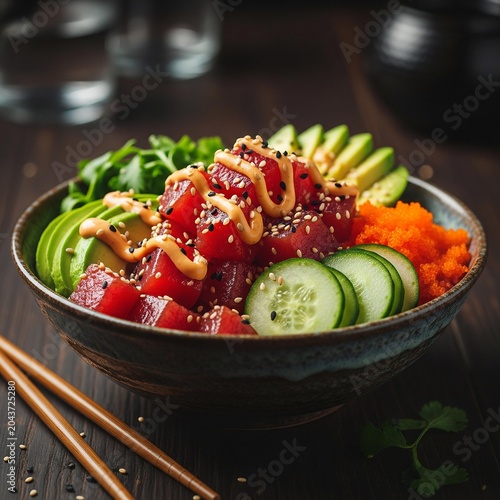 Fresh Ahi Tuna Poke Bowl with Avocado and Spicy Mayo.