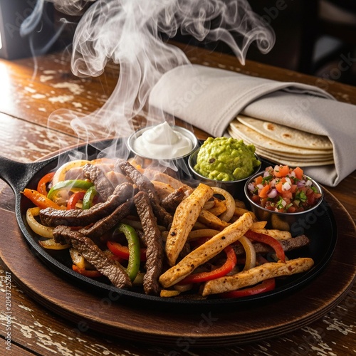 Sizzling beef and chicken fajitas served on a hot cast iron skillet.