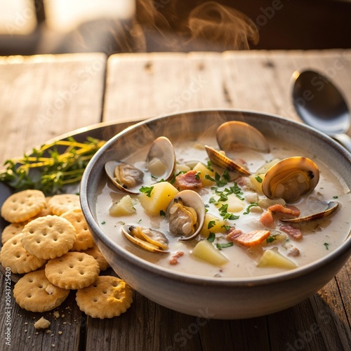 Steaming bowl of New England clam chowder with crackers on rustic wood.