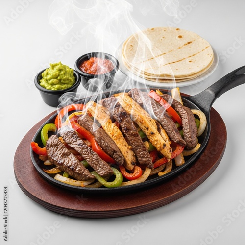 Sizzling beef and chicken fajitas with tortillas and guacamole.