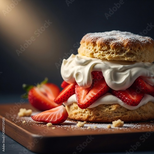 Fresh strawberry shortcake with whipped cream on a wooden board.
