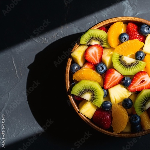 Fresh vibrant fruit salad in a wooden bowl on a dark background.