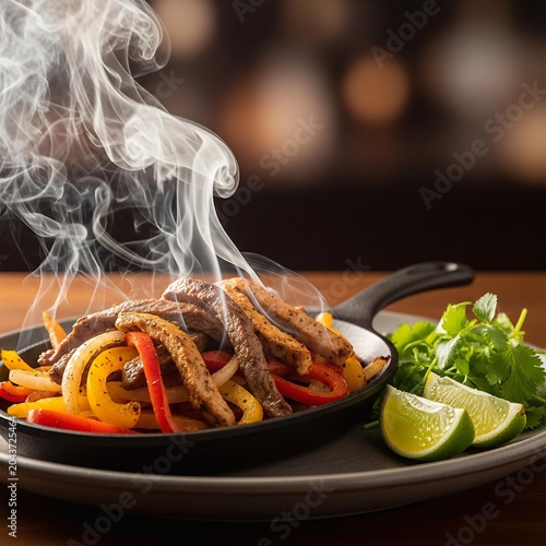Sizzling beef fajitas with peppers and onions in a cast iron skillet.