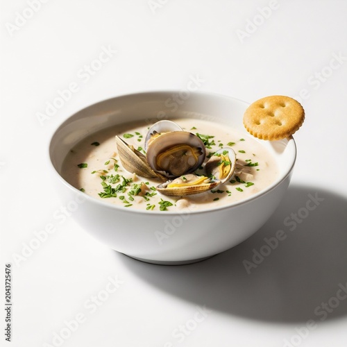Gourmet New England clam chowder in a white bowl with cracker.