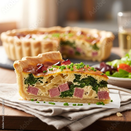 Slice of savory ham and spinach quiche with fresh chives.