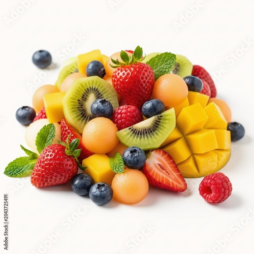 Vibrant pile of fresh mixed fruit and berries on white background.