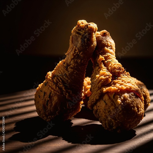 Two crispy golden fried chicken drumsticks with dramatic lighting.