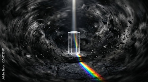 Crystal prism in a dark vortex casting a vivid rainbow beam across cracked pavement