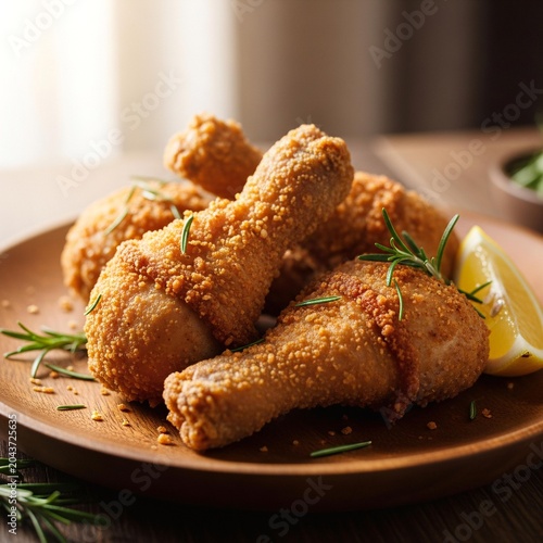 Golden crispy fried chicken drumsticks with rosemary and lemon.