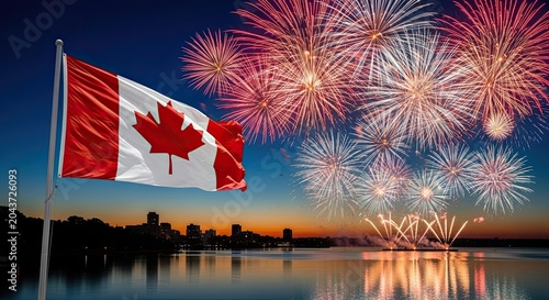 Canada day background with fireworks and flag patriotic celebration scene with copy space