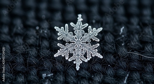 Close-up of a Sparkling Snowflake on Dark Knitted Fabric Background