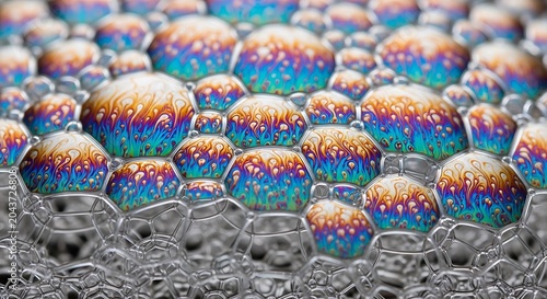 Colorful Bubbles Floating on Water Surface in Bright Light with Playful Mood