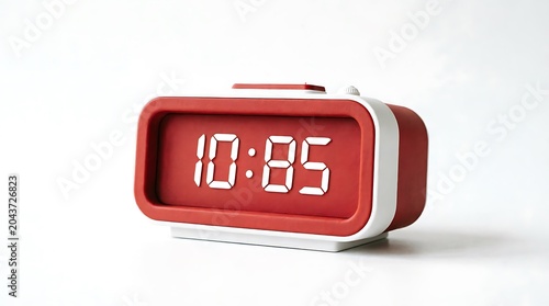 A modern red and white digital alarm clock displaying a fictional time on a clean white background, representing punctuality, time management, scheduling, and the importance of daily productivity.