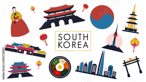 South Korea vector illustration with traditional landmarks, flag, lanterns, pagoda, Seoul tower, palace, city skyline, bibimbap, and cultural travel icons for tourism design.