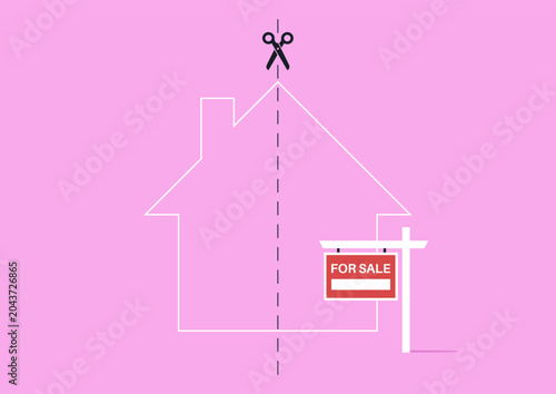 Fotografie Creative representation of a house cut in half with a for sale sign, inviting po
