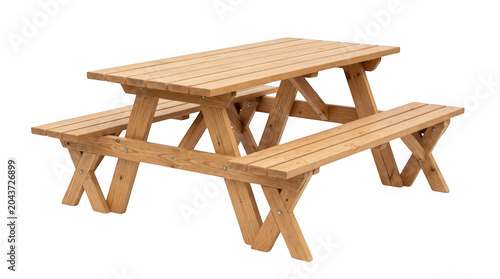 Wooden picnic table with benches isolated on transparent background