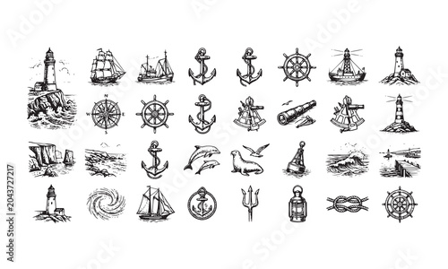 Nautical and marine elements set with lighthouse, ships, anchors, compass, and other sea elements, hand-drawn vector sketch illustration in vintage style.