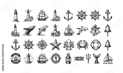 Nautical graphic set containing lighthouses sailing vessels anchors steering wheels compass starfish crab octopus lifebuoy trident mermaid tail vintage sketches.