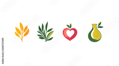 Collection of stylized illustrations featuring leaf clusters, a heart, and a vessel, all with organic motifs