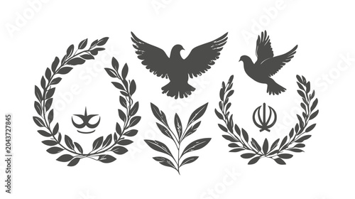 Silhouettes of doves, olive branches, and symbolic crowns and emblems on a white background