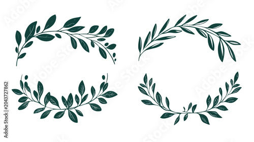 Four stylized botanical illustrations with green leaves on white background for design needs