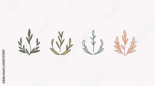 Four stylized botanical illustrations with leaves in different colors against a cream background