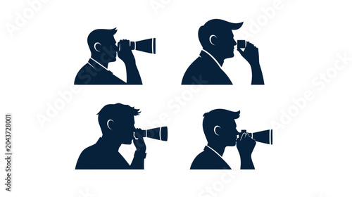 Four dark silhouette illustrations of men in suits, holding and looking through binoculars or a similar device