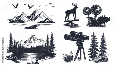 Black and white illustrations of nature scenes including mountains, animals, and viewing devices