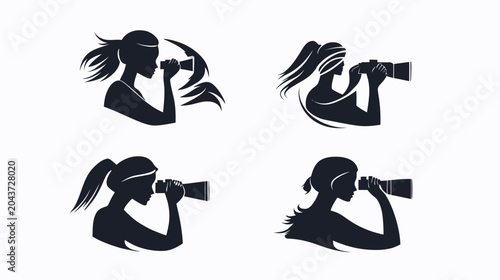 Four black silhouette images of women using binoculars, each with different hairstyles and poses